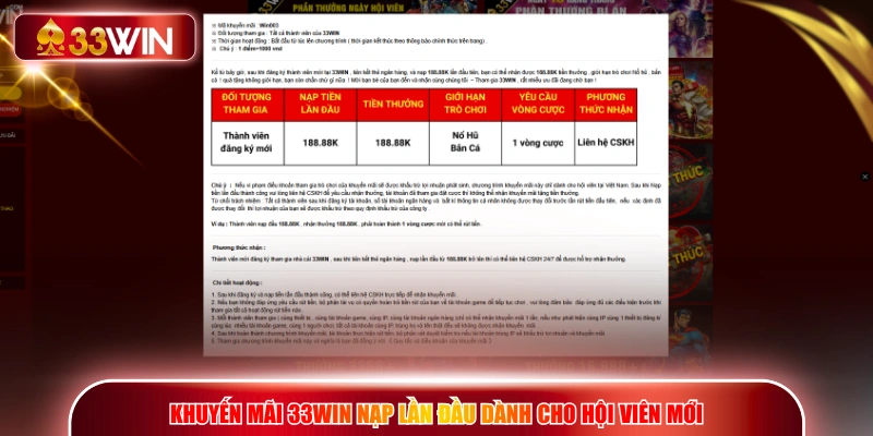Khuyến mãi 33WIN nạp lần đầu dành cho hội viên mới